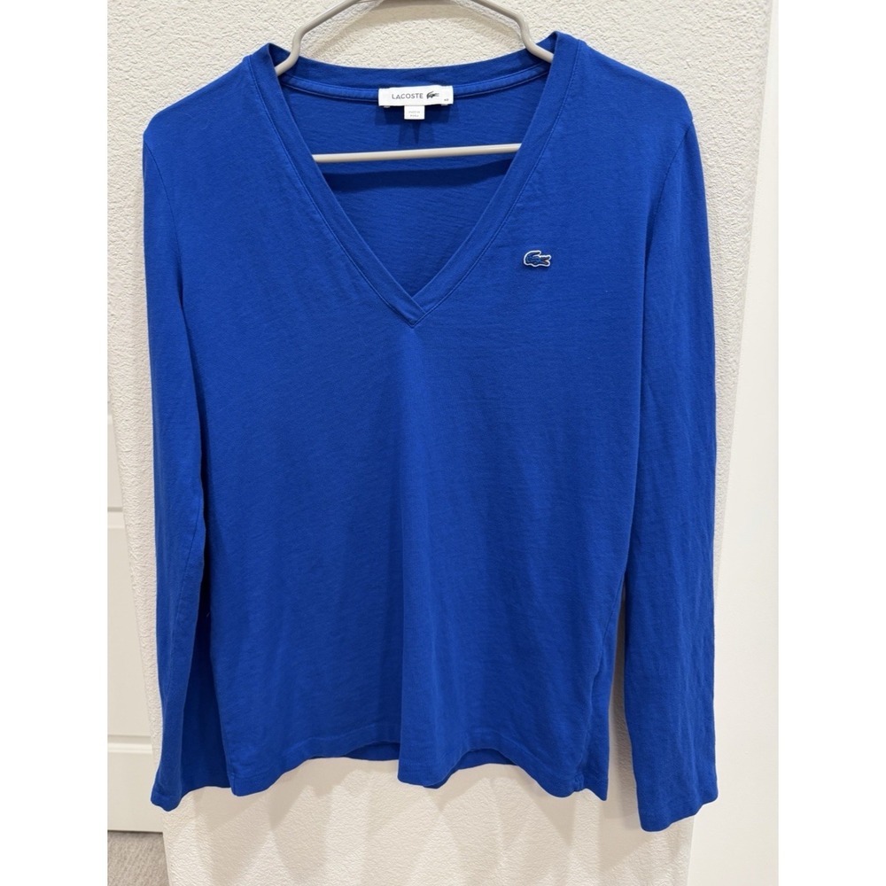 Lacoste Royal Blue Women's Long sleeve V-neck T-Shirt Sz 40 Large Preppy Layer